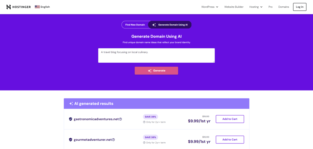 Hostinger domein checker met AI gegenereerde opties
