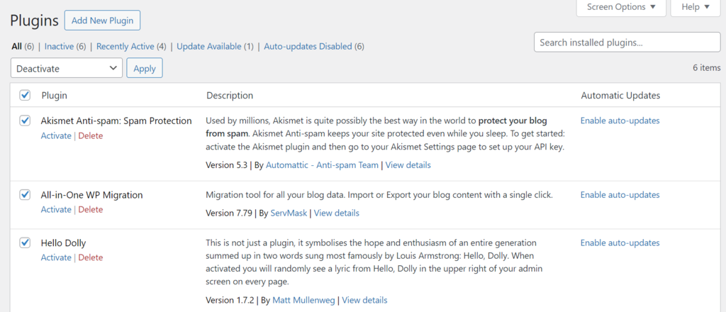 Screenshot van plug-ins in een WordPress dashboard
