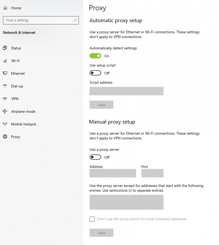 Screenshot van de proxy instellingen van een windows computer
