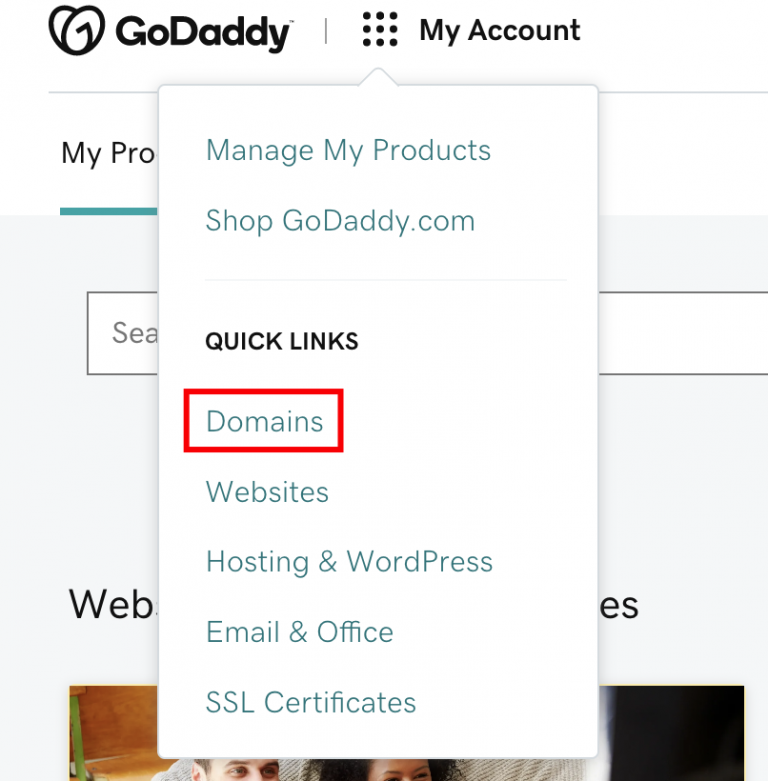 Klik op het Mijn account pictogram en kies de snelkoppeling Domeinen om de naamservers bij GoDaddy te wijzigen.
