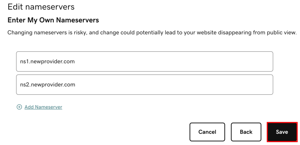Kies de optie Mijn eigen naamservers invoeren (geavanceerd), voer de nieuwe naamservers in en klik op Opslaan.
