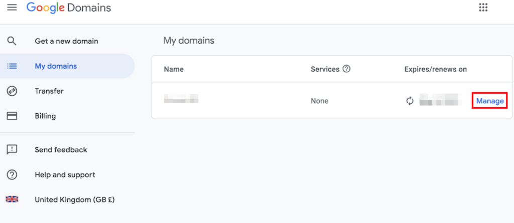 Open met Google Domains het hoofddashboard en selecteer Mijn domeinen. Klik op de knop Beheren naast je domein.

