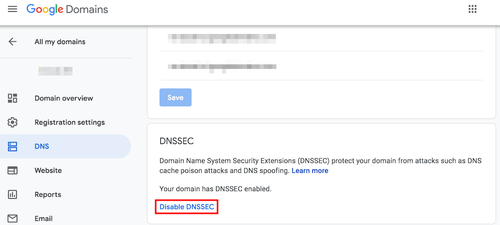 Klik op de DNS pagina op de knop DNSSEC uitschakelen.
