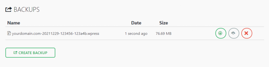 Back-up wordt weergegeven in een lijst op de pagina Back-ups.