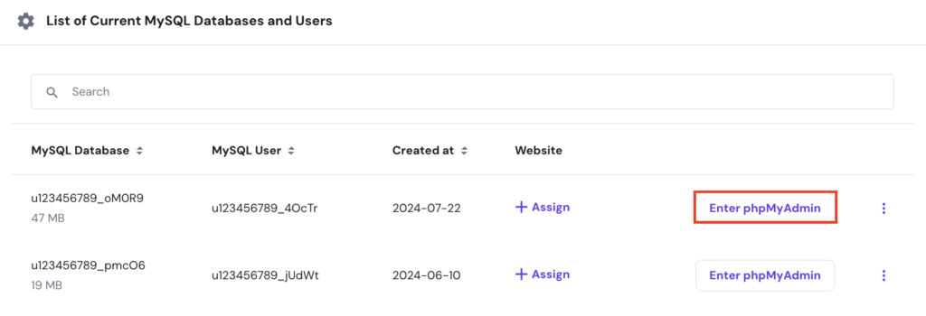 Zoek de databasenaam van je website en klik op de knop phpMyAdmin invoeren.