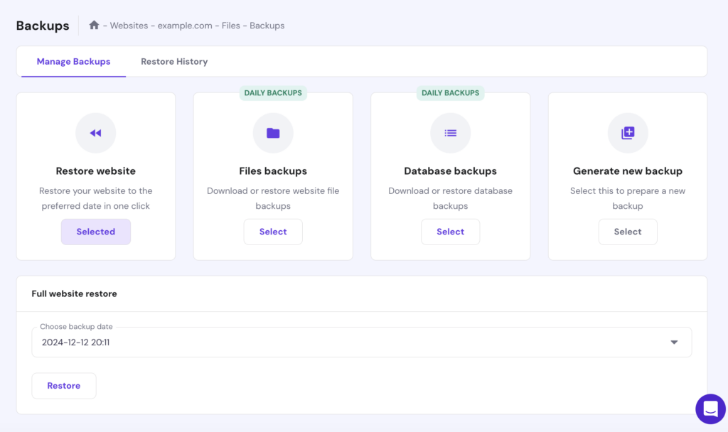 Tijd controleren in laatste back-up in hPanel