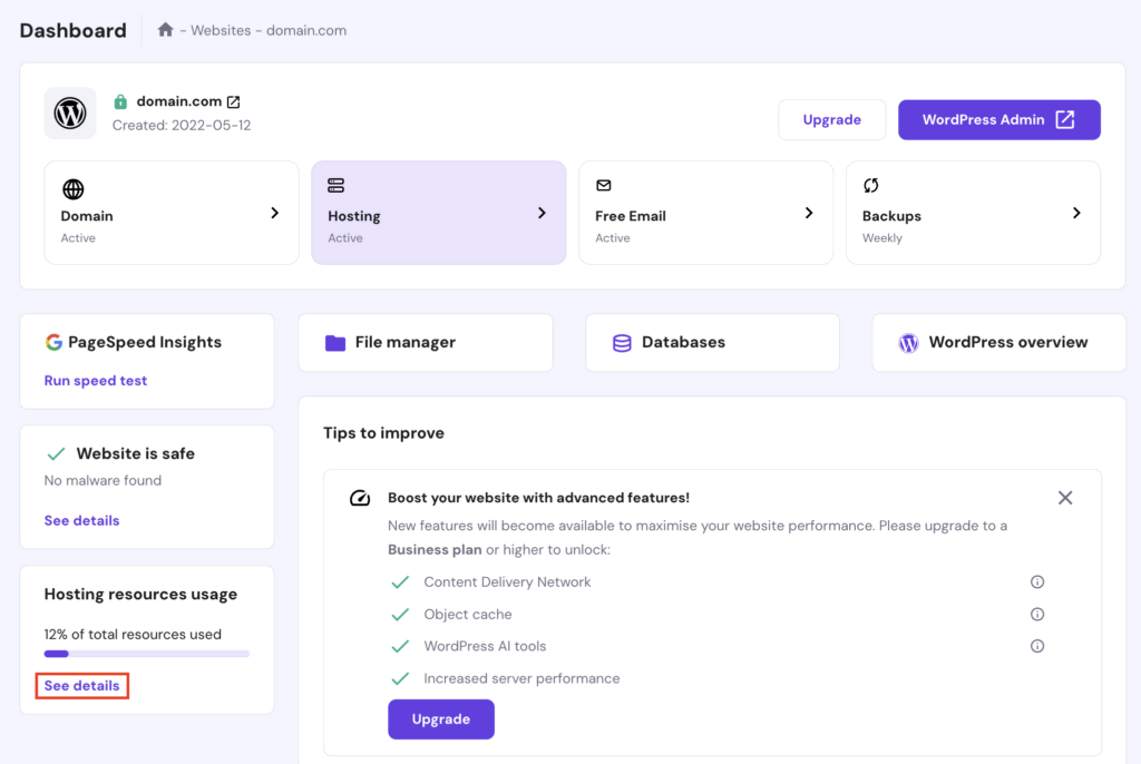 Klik op Dashboard naast je domeinnaam. In je Dashboard klik je op Zie details onder Hosting resources gebruik.