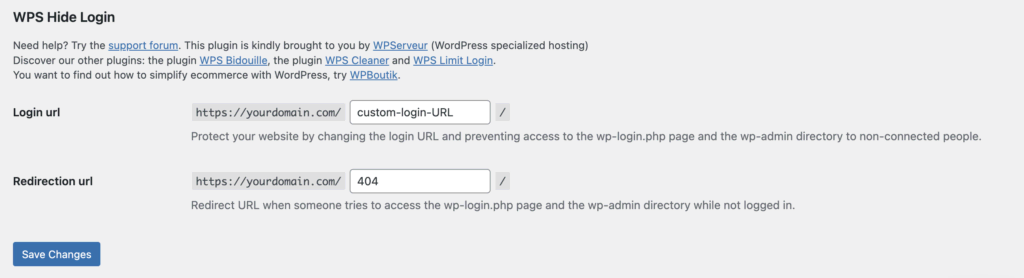 Ga daarna naar Instellingen → WPS Verberg Login en vul het adres van je nieuwe inlogpagina in bij het veld Inlog URL.