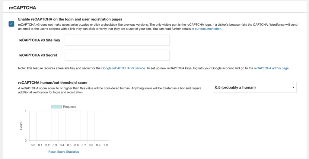 Ga naar Wordfence → Login Security → Settings, en voer je reCAPTCHA v3 Site Key en reCAPTCHA v3 Secret in.