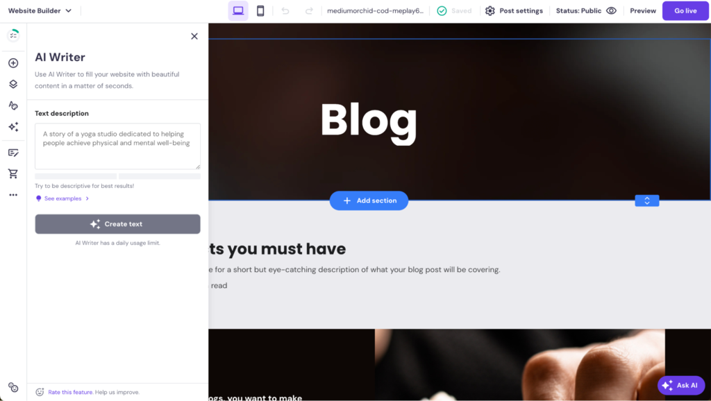 De ingebouwde AI Writer van Hostinger Website Bouwer