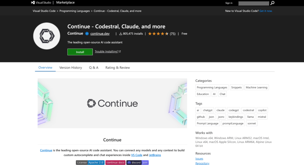 Continue for VS Code startpagina