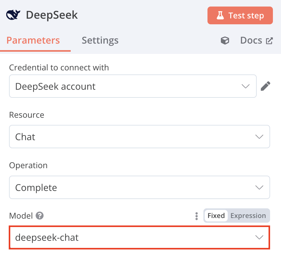 Selecteer in het veld Model het gewenste DeepSeek-model: deepseek-chat of deepseek-reasoner.