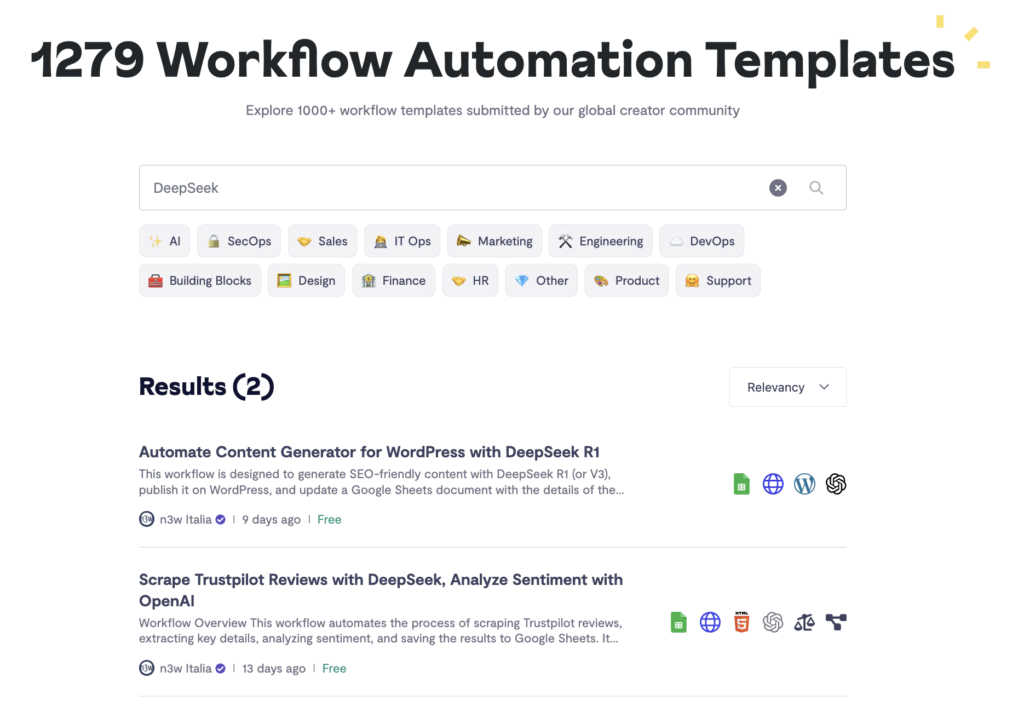 Zoek naar DeepSeek om relevante automatiseringstemplates te vinden.