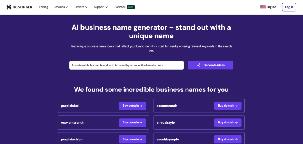 Hostingers business naam generator.
