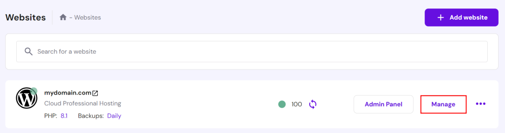 Ga naar de pagina Websites en klik op de knop Beheren naast de website die je wilt doorverwijzen.
