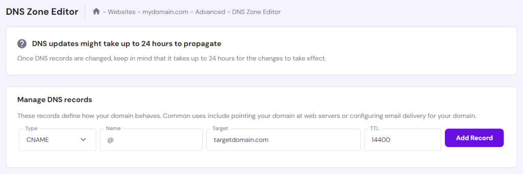 In hPanel ga je naar de Websites pagina en klik je op Beheren naast de website die je wilt doorverwijzen.