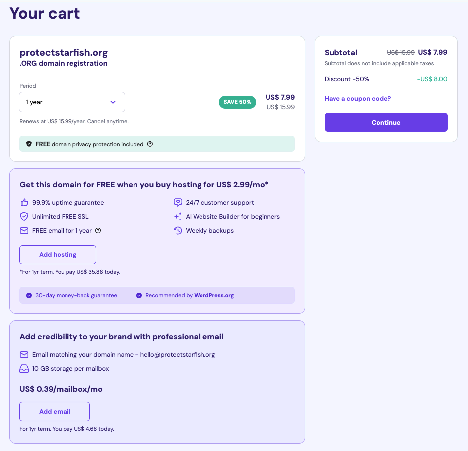 Bij Hostinger krijg je het eerste jaar gratis domeinregistratie als je een jaarlijks hostingplan afsluit.