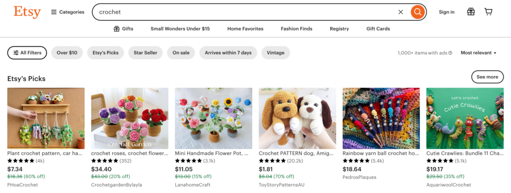 Etsy startpagina.