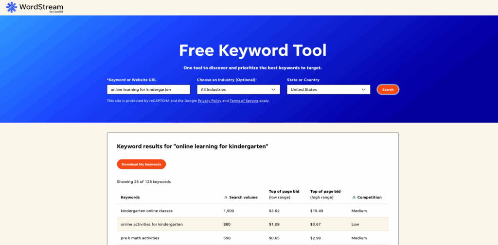 WordStream startpagina.