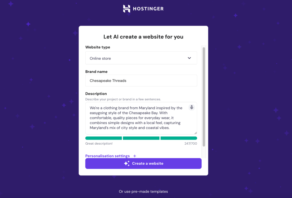 Klik op Maak een website en laat de AI zijn werk doen.