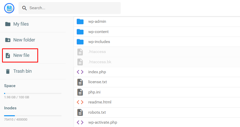 Open de public_html map en klik in de linker sidebar op Nieuw bestand.