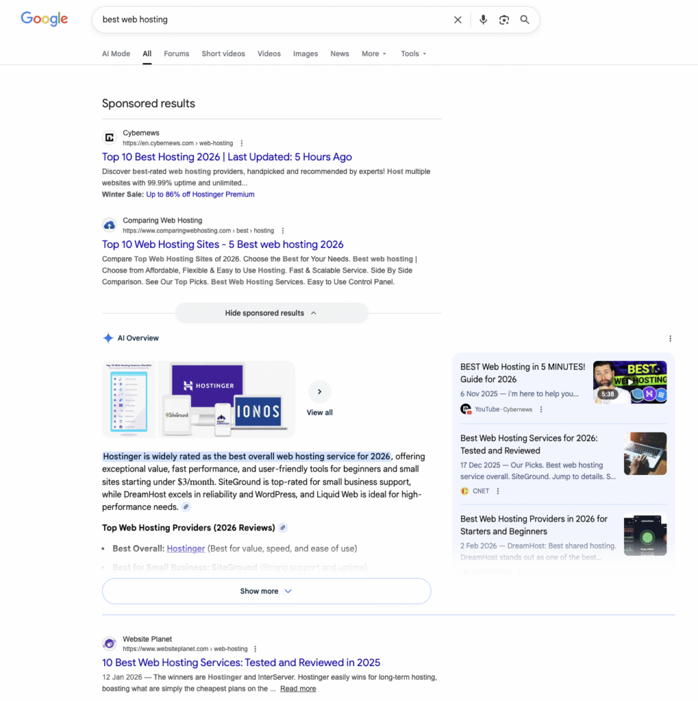 De zoekresultatenpagina (SERP) van Google met betaalde en organische resultaten
