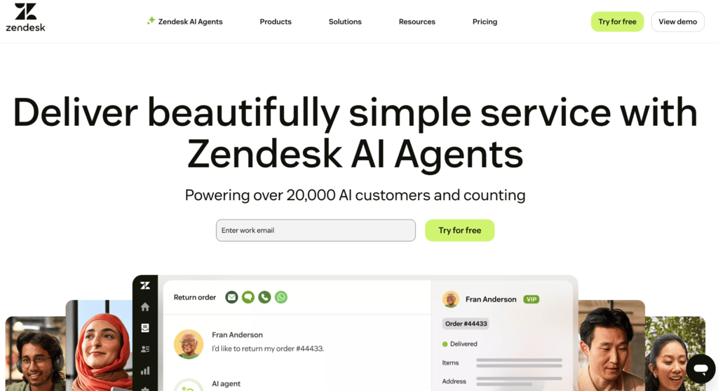 Homepage van Zendesk