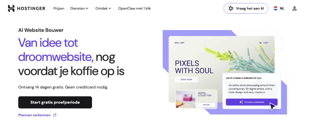 Homepage van Hostinger AI Website Builder