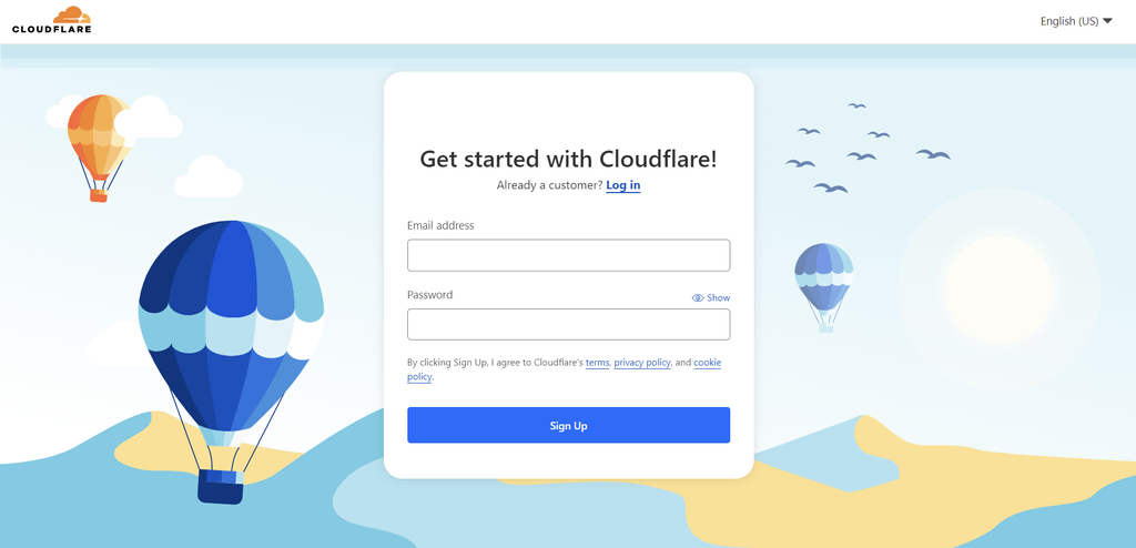 Strona rejestracji w witrynie Cloudflare