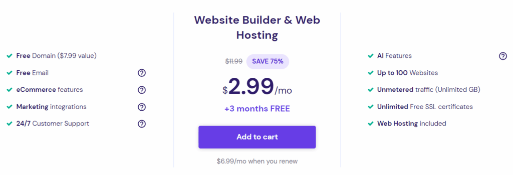 Ceny i funkcje planu Hostinger Website Builder