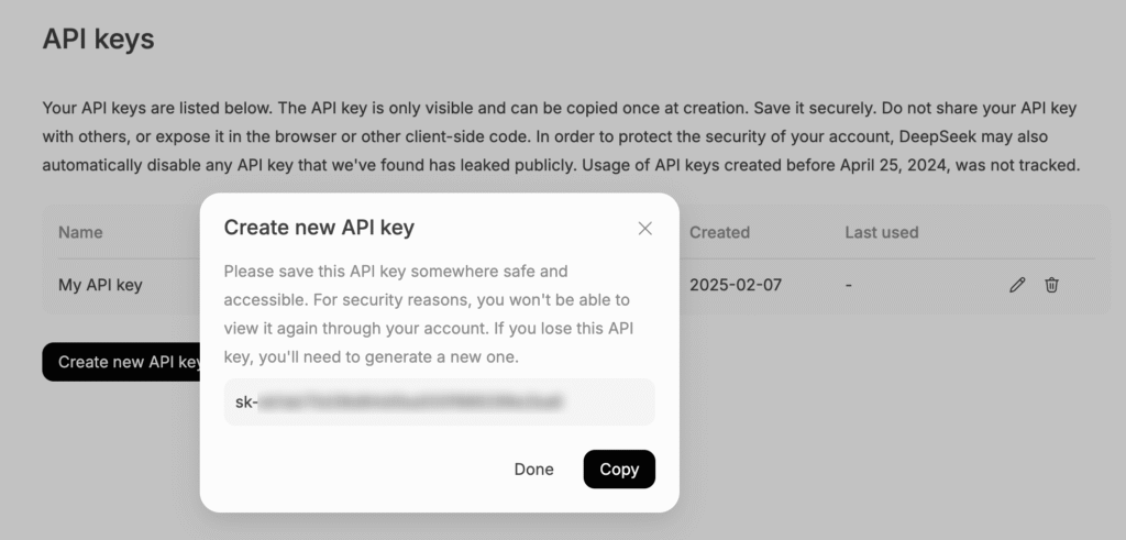 Klucz API wygenerowany na stronie kluczy API platformy DeepSeek