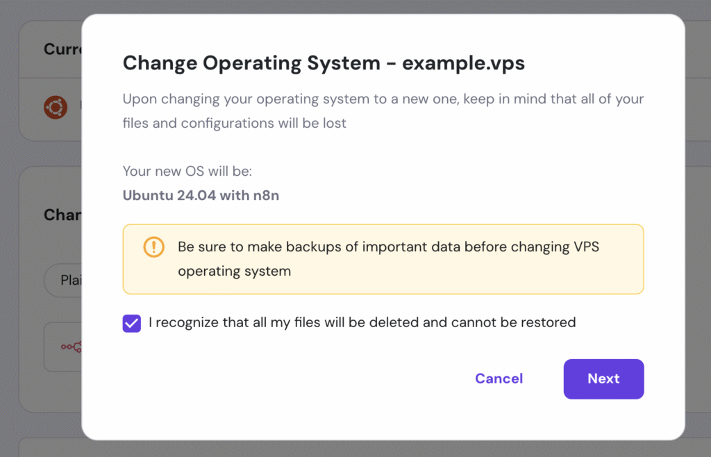 Okno dialogowe potwierdzenia zmiany systemu operacyjnego w VPS hPanel