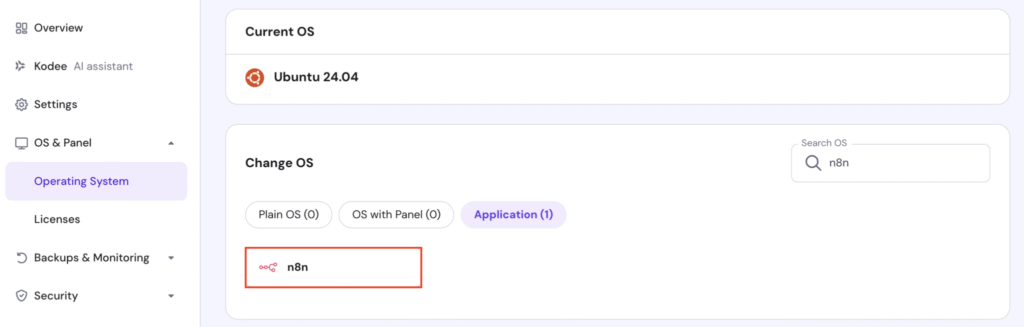 Szablon n8n w sekcji „Zmień system operacyjny” panelu hPanel VPS