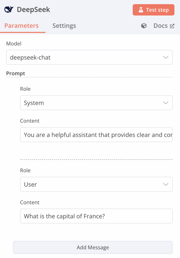 Sekcja Prompt w oknie dialogowym konfiguracji DeepSeek programu n8n