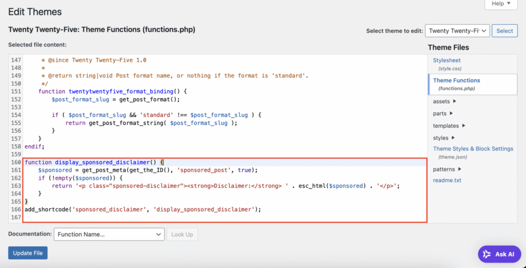 Dodane linie kodu w pliku functions.php w celu dodania niestandardowego pola WordPress