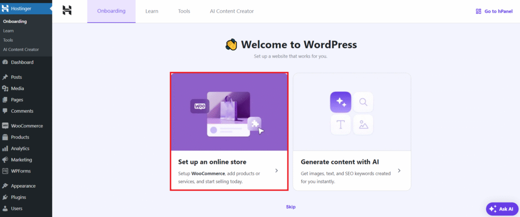 Strona początkowej konfiguracji Hostinger Easy Onboarding dla WooCommerce