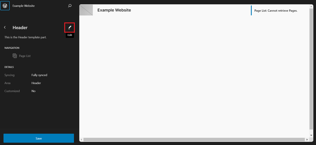 Przycisk Edytuj w części szablonu nagłówka w edytorze strony WordPress