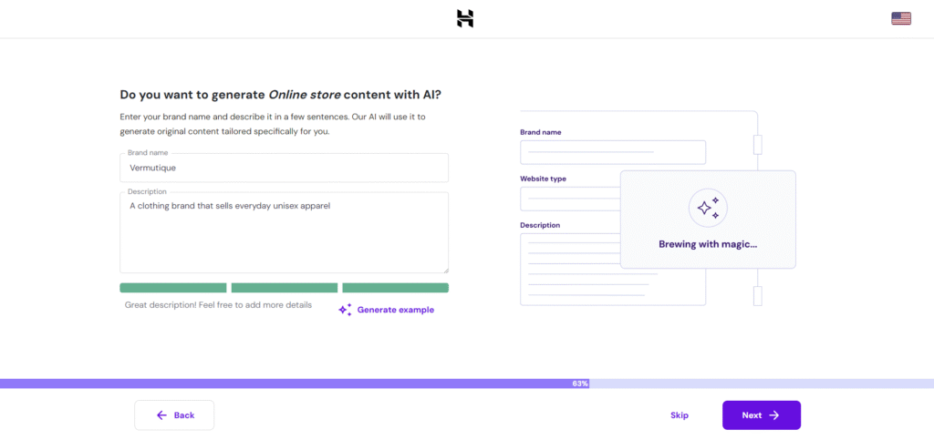 Generator treści AI Hostinger w kreatorze konfiguracji WooCommerce