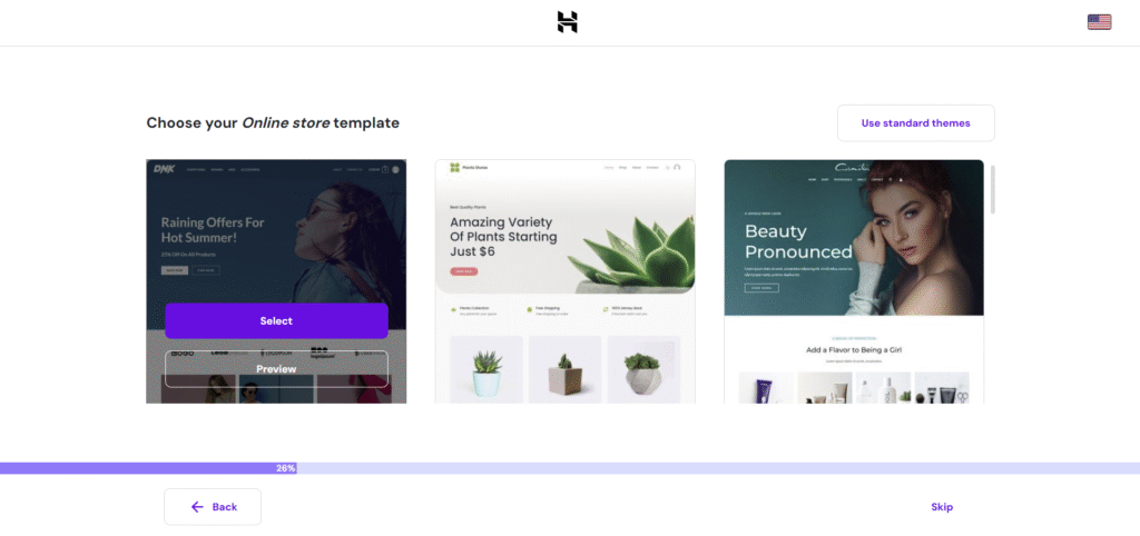 Wybór szablonu sklepu internetowego w kreatorze konfiguracji WooCommerce firmy Hostinger