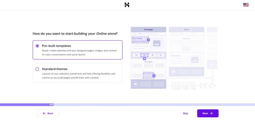 Wybór wyglądu strony internetowej w kreatorze konfiguracji WooCommerce firmy Hostinger