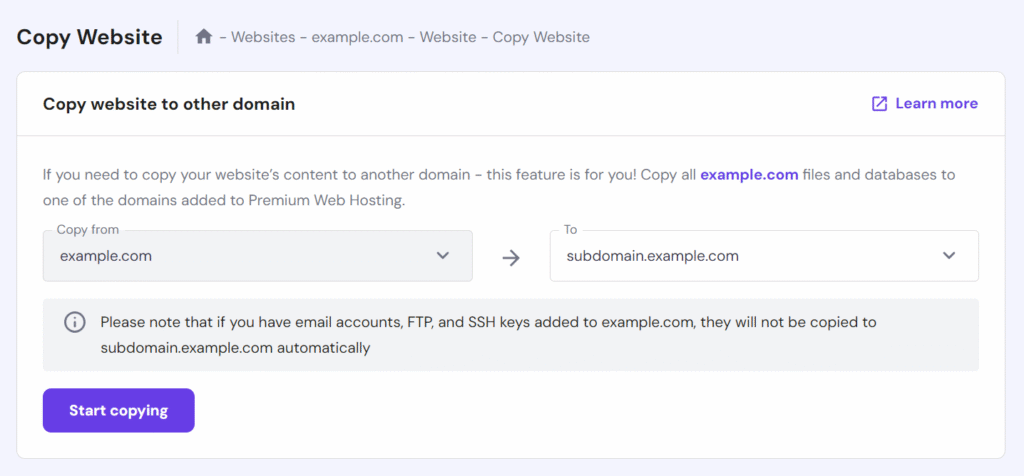 Dostęp do menu Kopiuj stronę internetową w hPanel