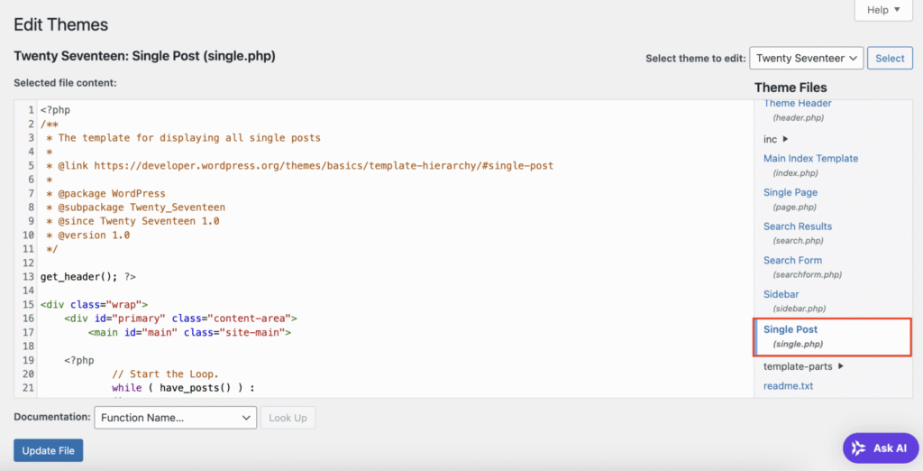 Plik single.php otwarty w edytorze motywów WordPress