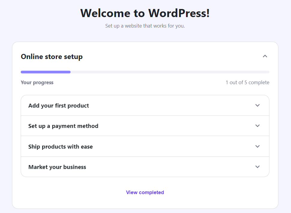 Menu konfiguracji sklepu internetowego w Easy Onboarding for WooCommerce firmy Hostinger