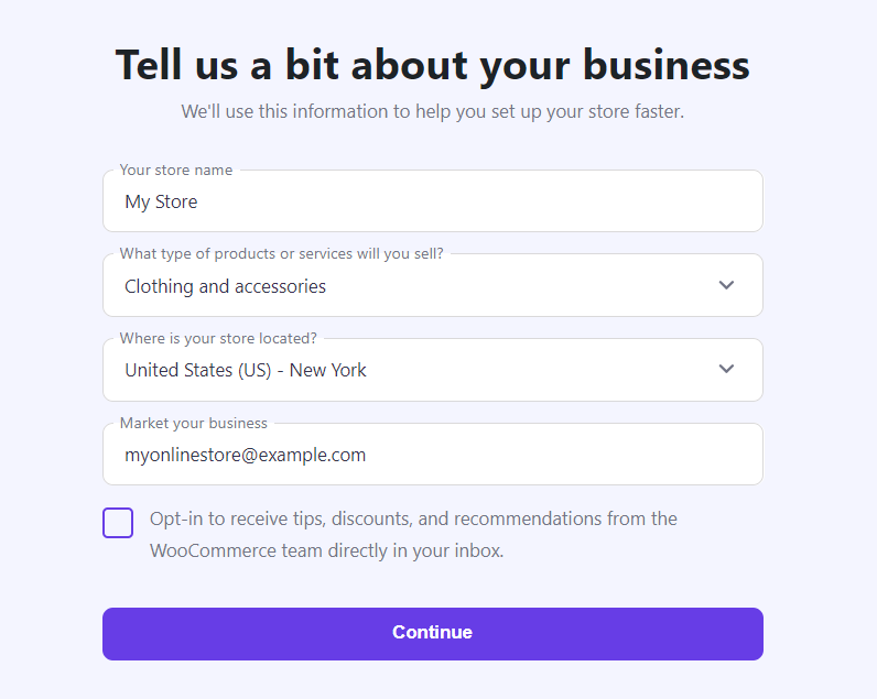 Pola informacyjne sklepu internetowego w Easy Onboarding for WooCommerce firmy Hostinger