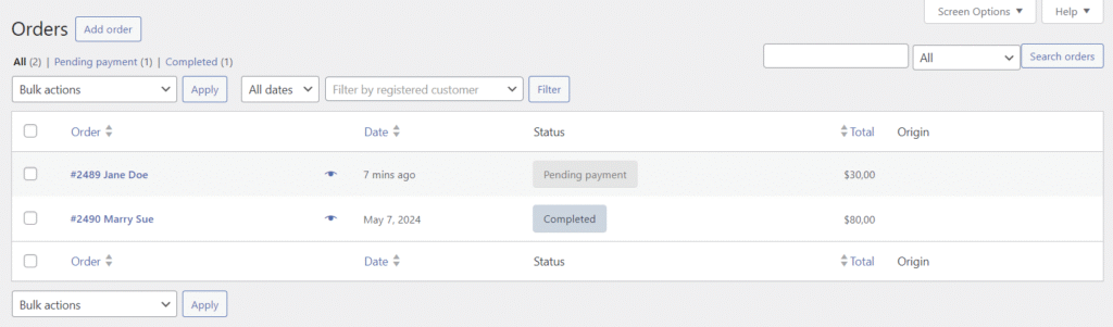 Sekcja zamówień WooCommerce