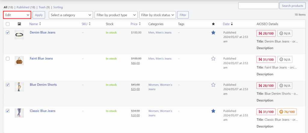 Masowa edycja list produktów w WooCommerce