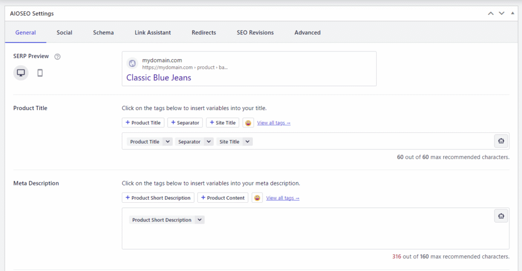 Ustawienia AIOSEO w formularzu tworzenia strony produktu WooCommerce w Hostinger