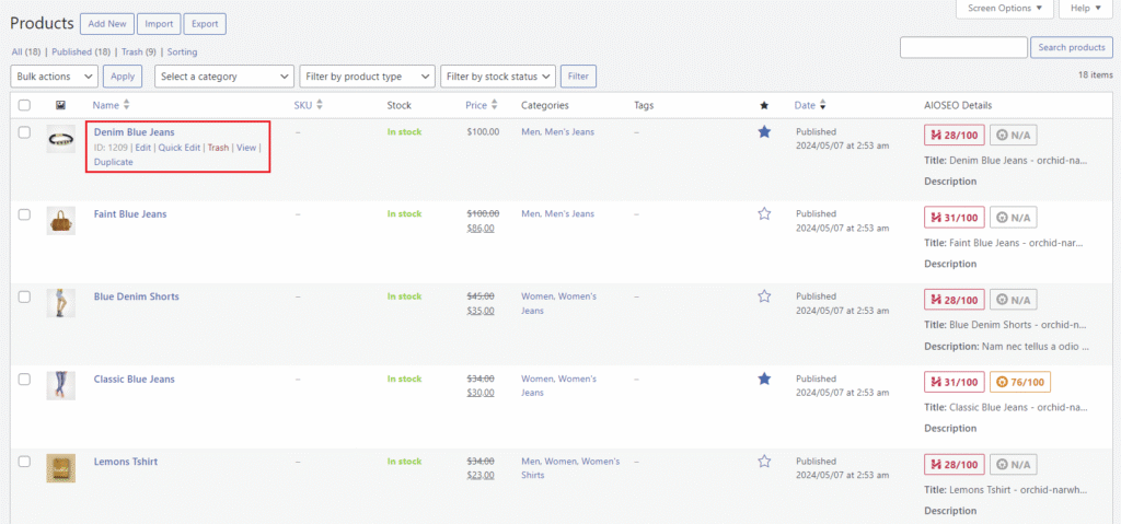 Lista produktów w panelu administracyjnym WooCommerce