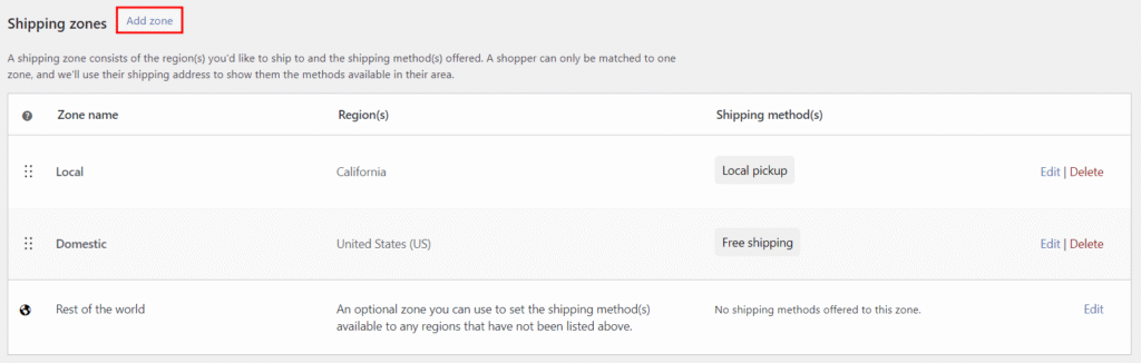 Strefy wysyłki WooCommerce, z podświetlonym przyciskiem dodawania nowej strefy