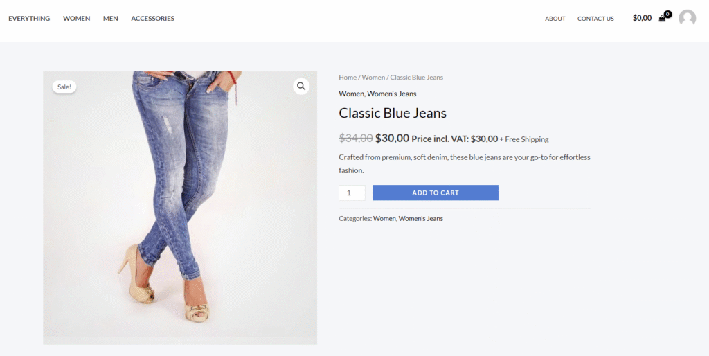 Strona produktu WooCommerce z cenami zawierającymi podatek